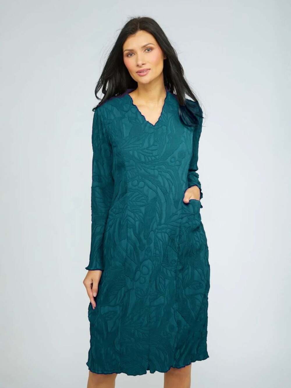 Olivia by Habitat Sculpted Floral Embossed V-Neck Long Sleeve Dress, Size XS